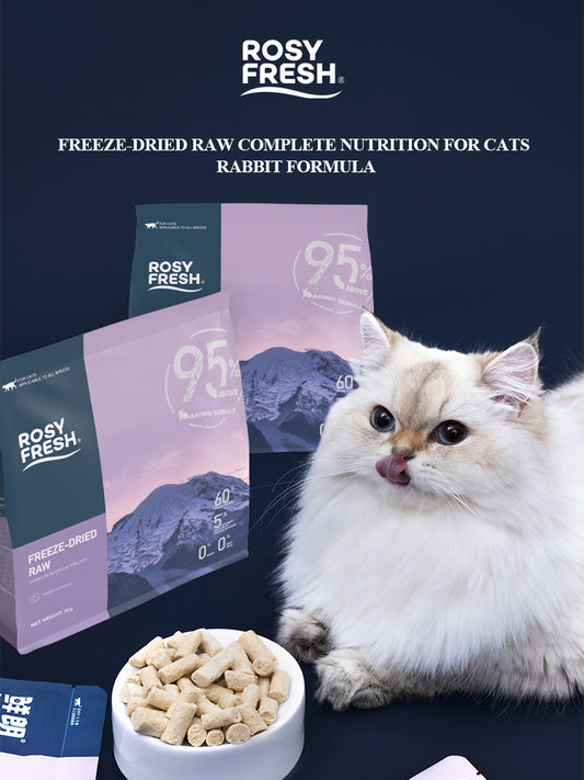 Cat eating Rosy Fresh freeze-dried raw rabbit cat food with high-protein nutrition formula