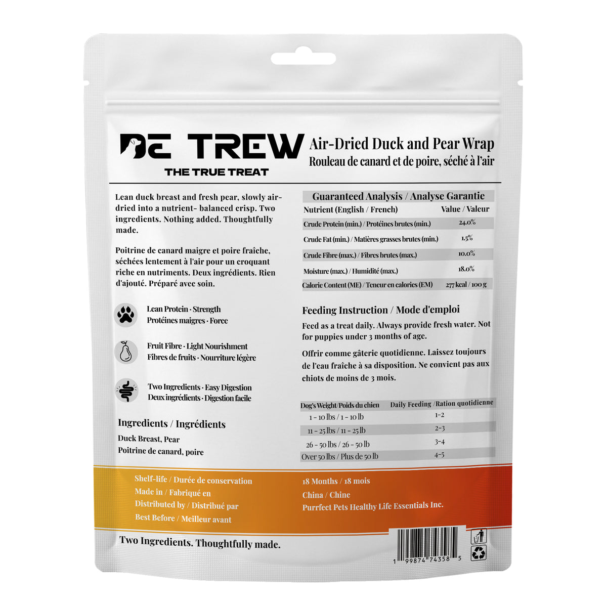DE TREW Air-Dried Duck and Pear Wrap dog treat package