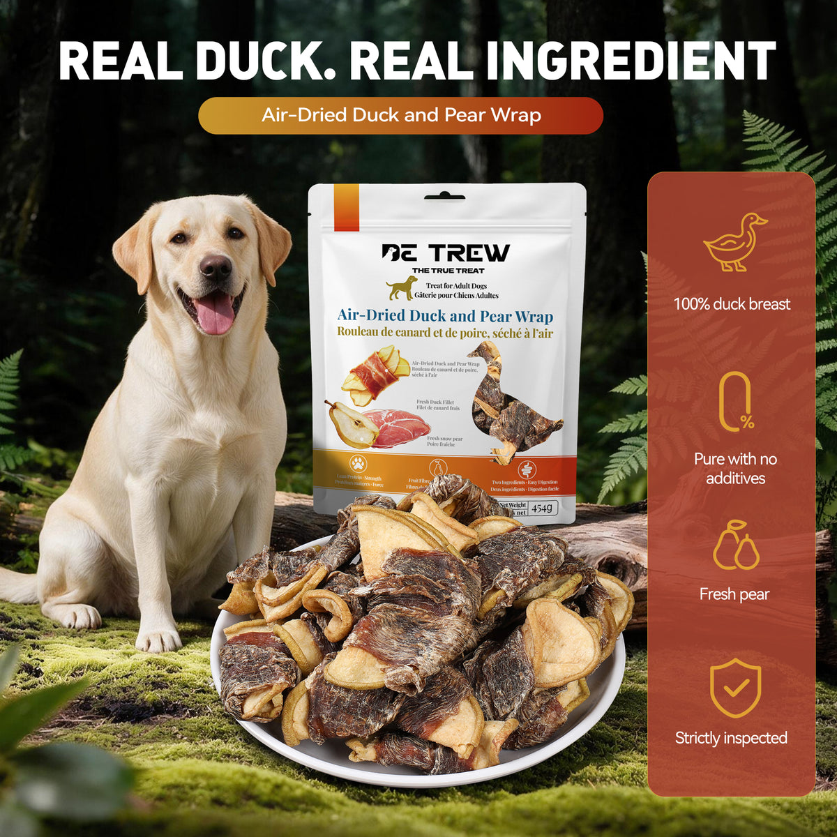 De Trew 100% Air-dried duck breast and pear dog treats with no additives