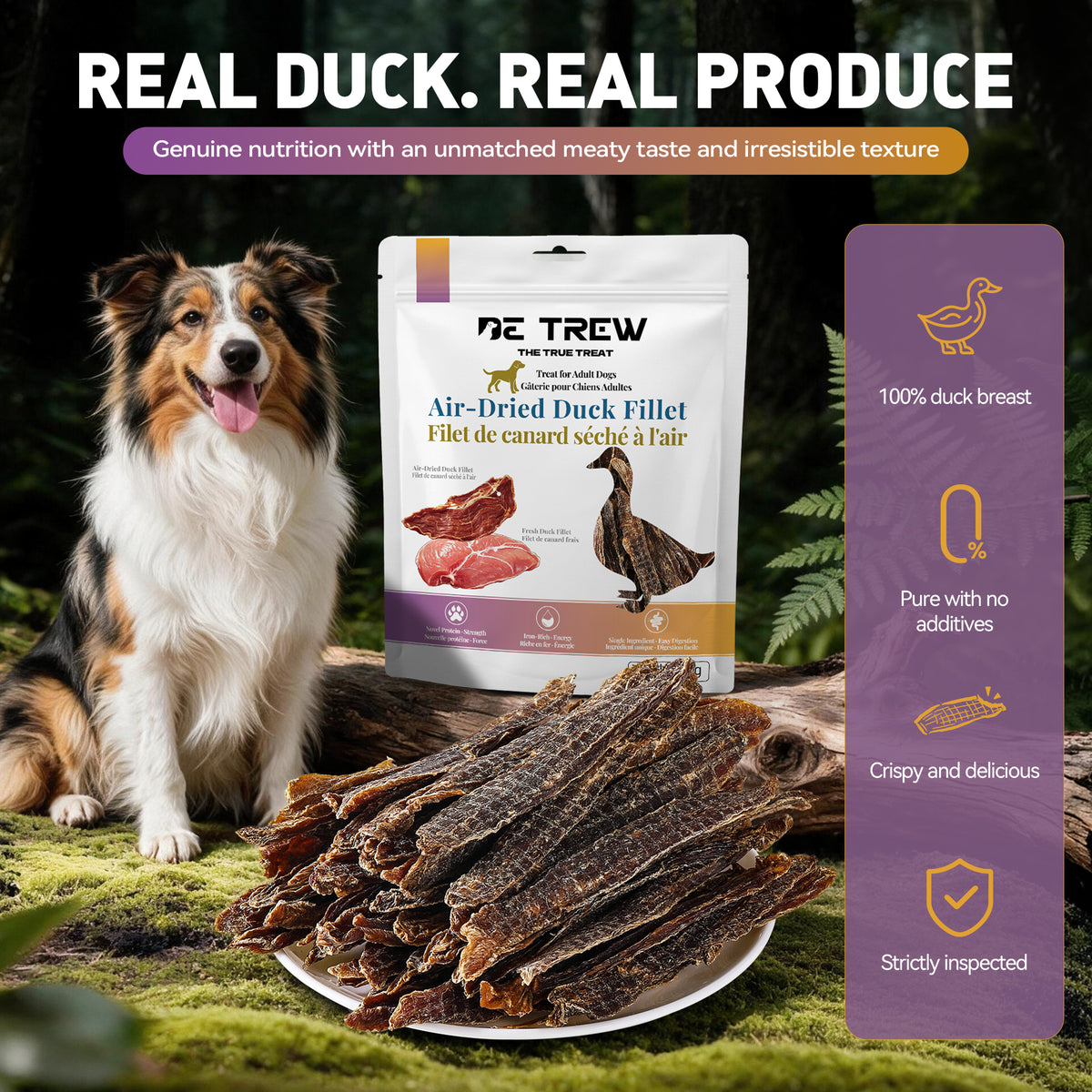 De Trew dog treats made with 100% duck breast, crispy and no addictives