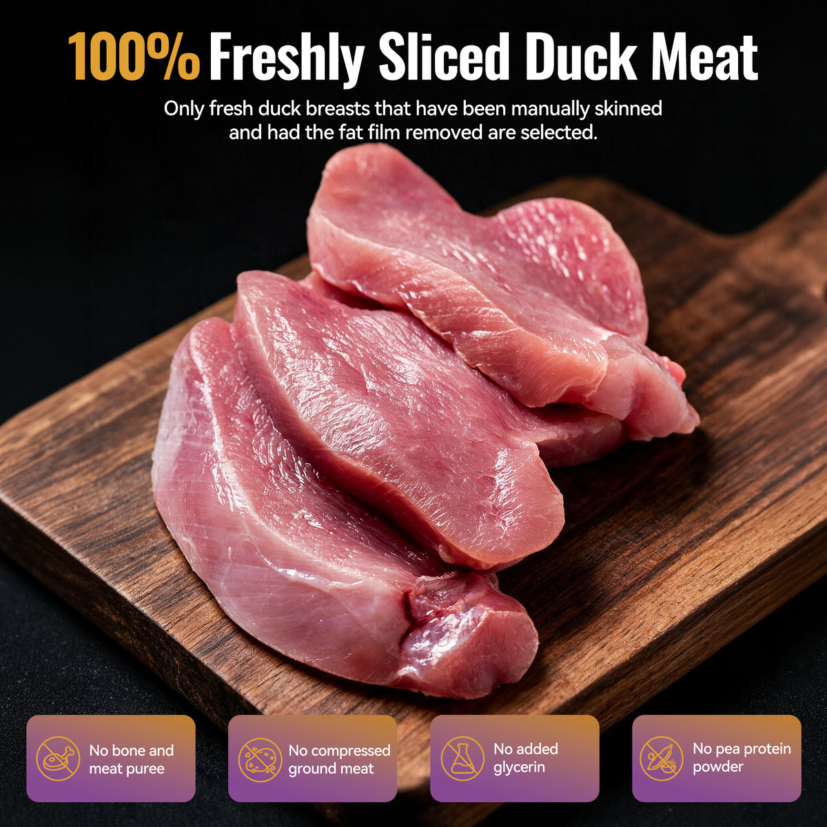 De Trew dog treats  made with 100% fresh sliced duck breast