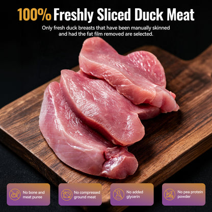 De Trew dog treats  made with 100% fresh sliced duck breast