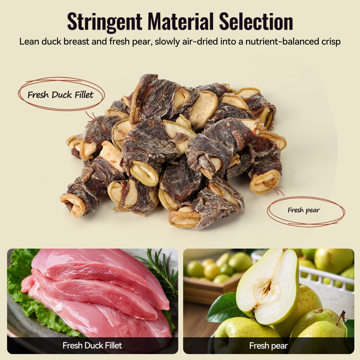 Fresh Duck breast and pear air-dried dog treat for dogs