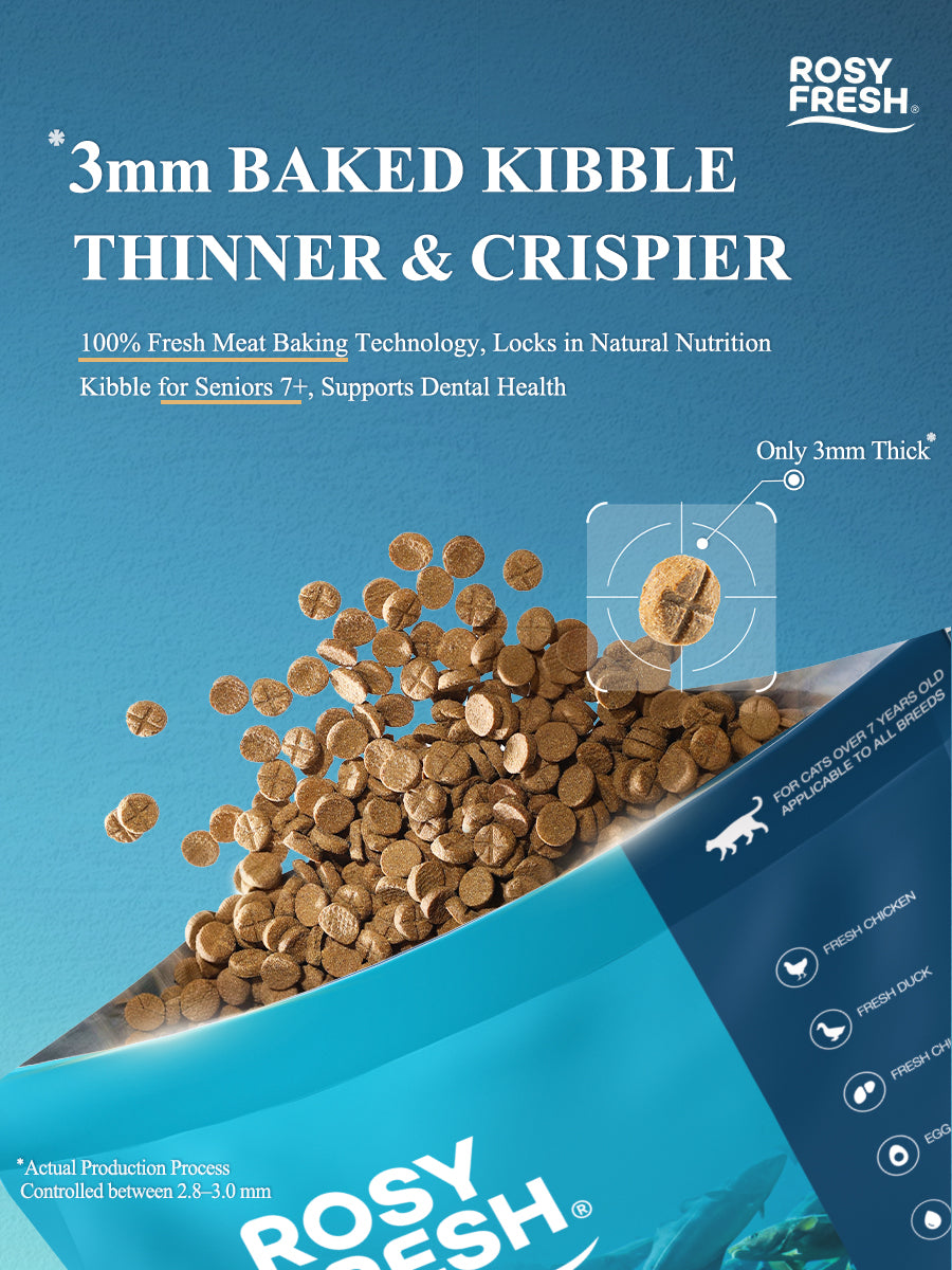 Rosy Fresh 3mm oven-baked senior cat food kibble with thin crispy texture