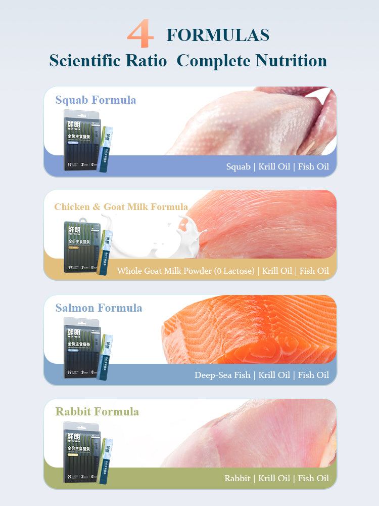 Rosy Fresh cat food stick variety pack with squab, chicken goat milk, salmon and rabbit formulas