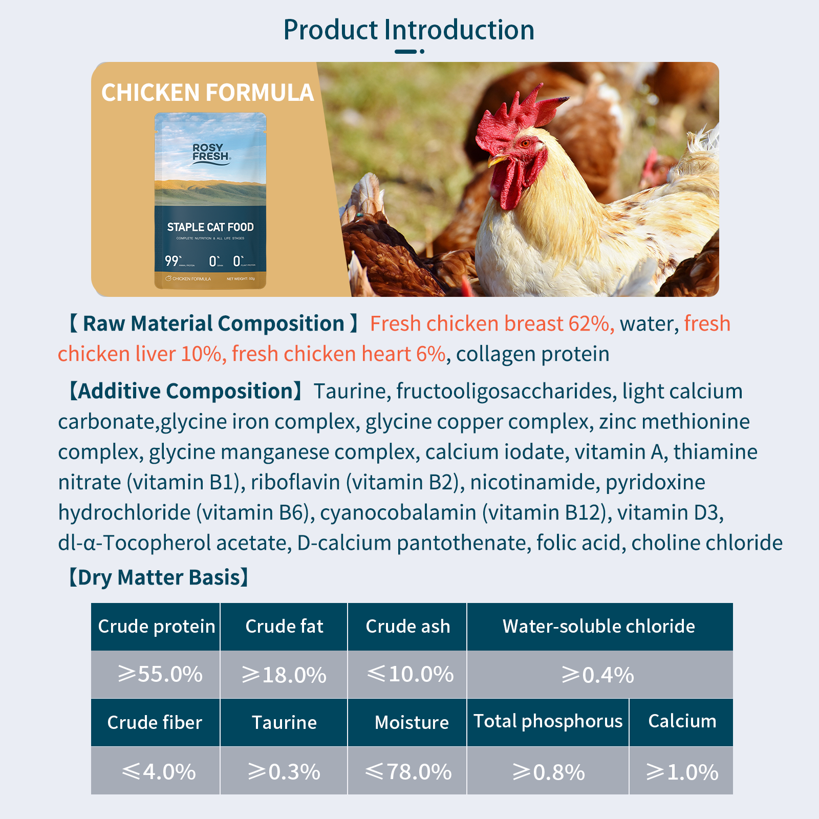 Rosy Fresh chicken wet cat food formula with chicken breast, chicken liver and chicken heart ingredients