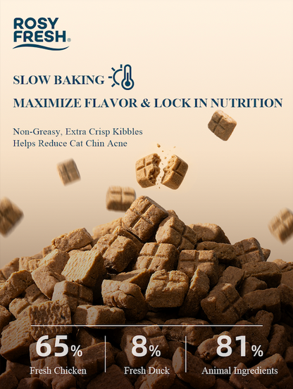 Rosy Fresh oven-baked chicken and duck dog food featuring 65% fresh chicken, 8% fresh duck and crisp kibbles