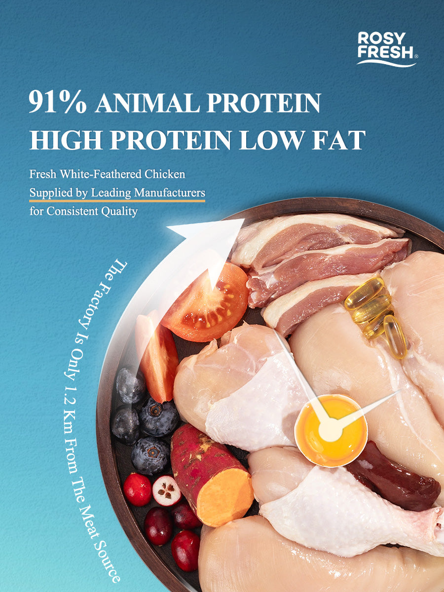 Rosy Fresh senior cat food made with fresh chicken and duck and 91% animal protein