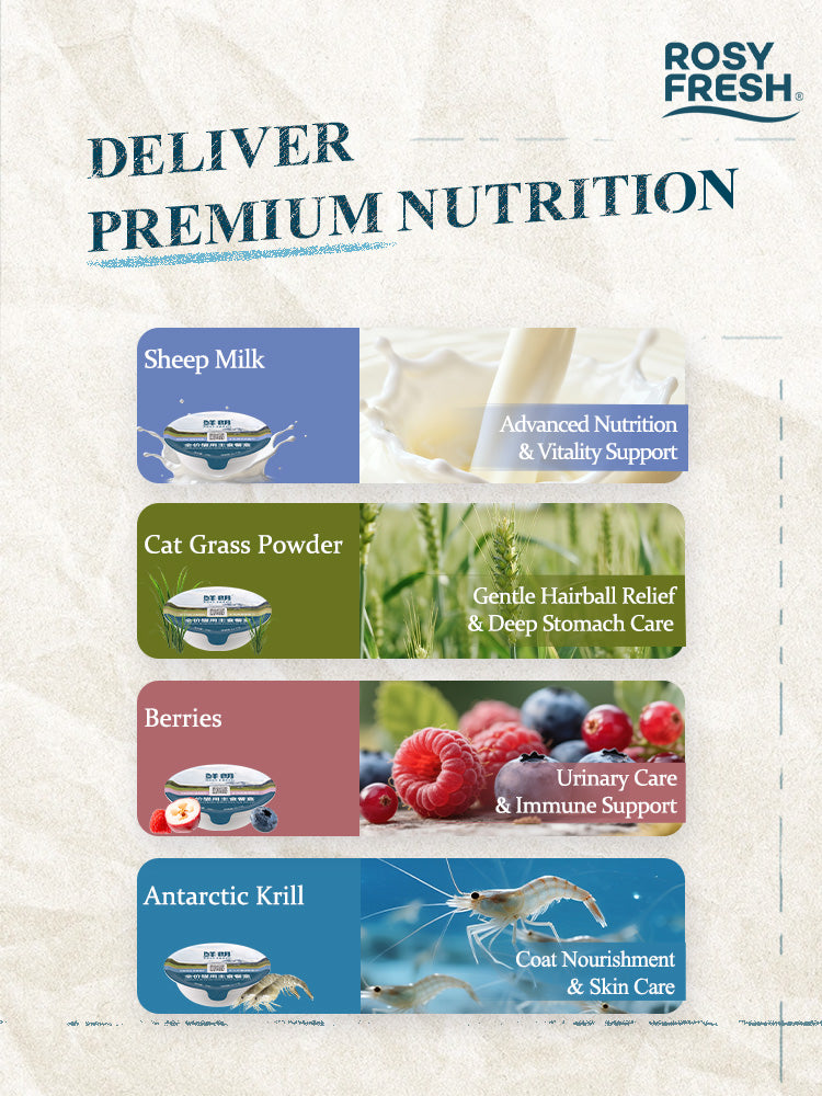Rosy Fresh wet cat food specialty ingredients including sheep milk, cat grass, berries and krill