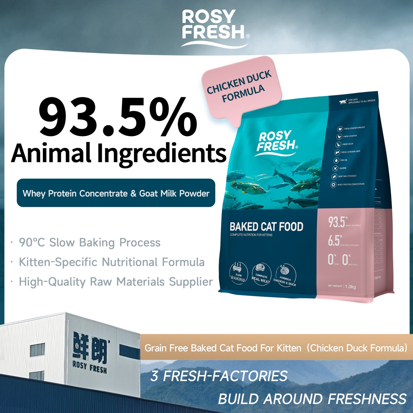 Rosy Fresh Oven-Baked Grain Free Cat Food for Kitten｜Chicken&Duck formula 1 kg
